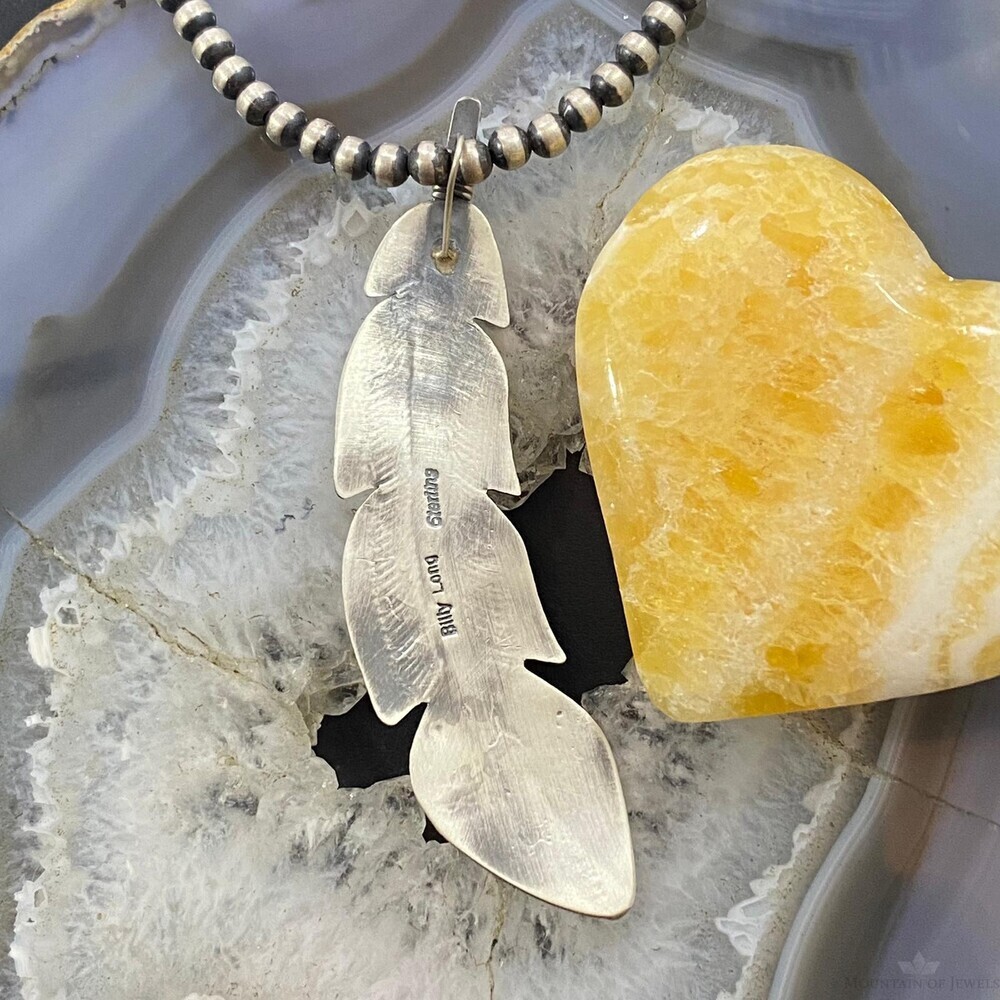 Billy Long Native American Sterling Oxidized Feather w/Turquoise Unisex Pendant - Picture 7 of 10